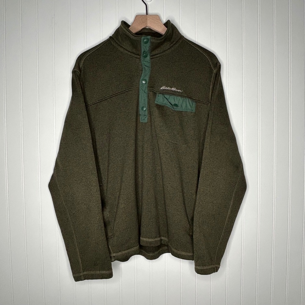 Eddie Bauer Mens Pullover Sweater L Olive Green Fleece 1/4 Snap Outdoor